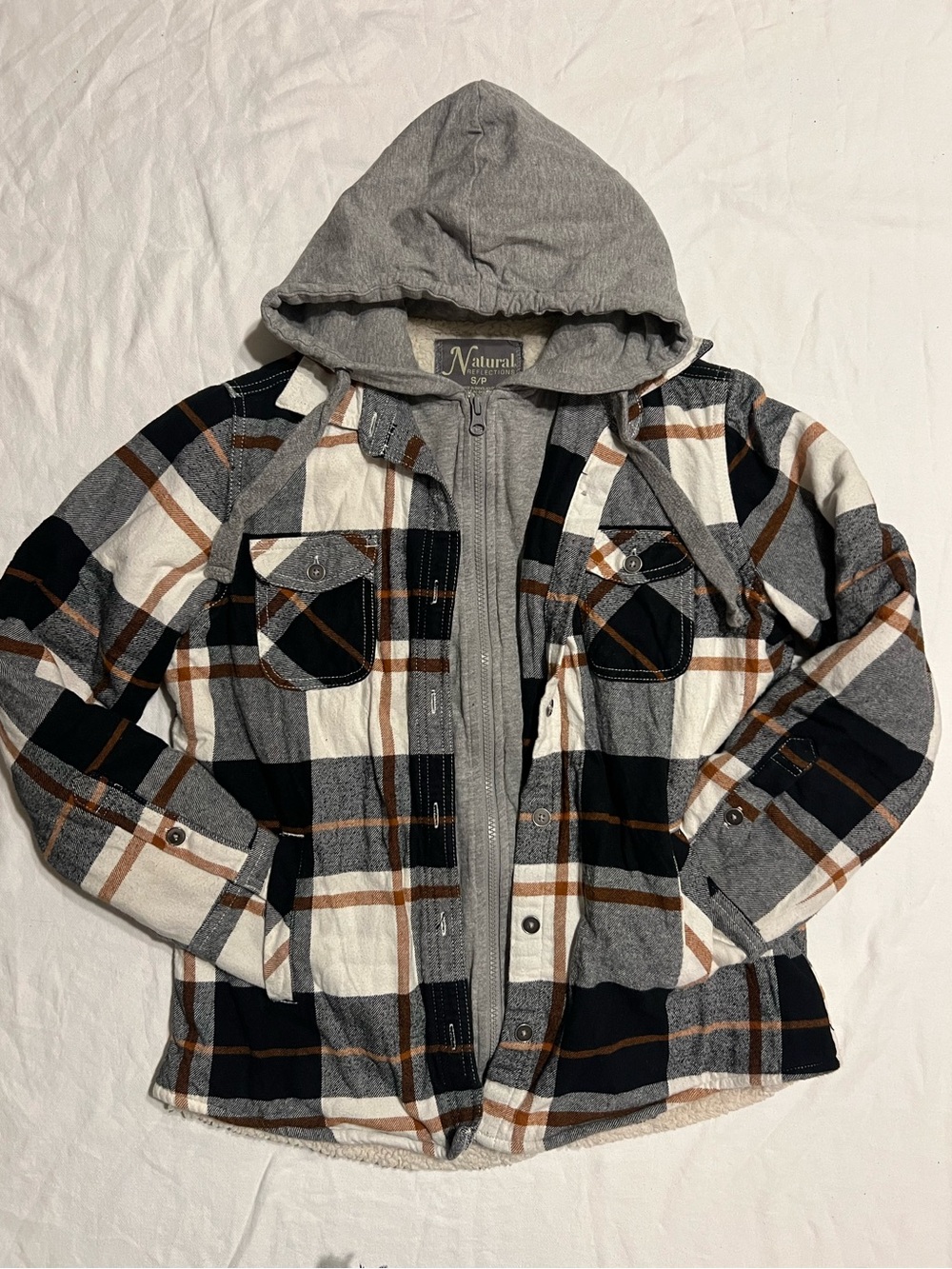 Natural Reflections women Gray Plaid Hooded Puffer Jacket with Brown Accents